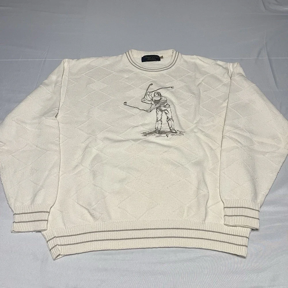 Vintage 90s Golf Sweater Mens XL Ivory Crewneck Grandpa Embroidered USA Made